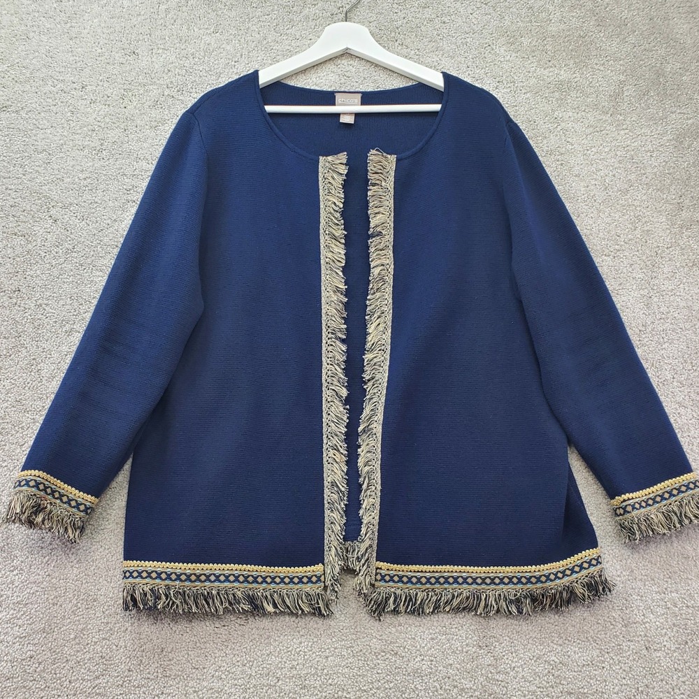 Chicos 3 Cardigan Sweater Women XL Navy Blue Gold Fringe Open Front Boho Classic